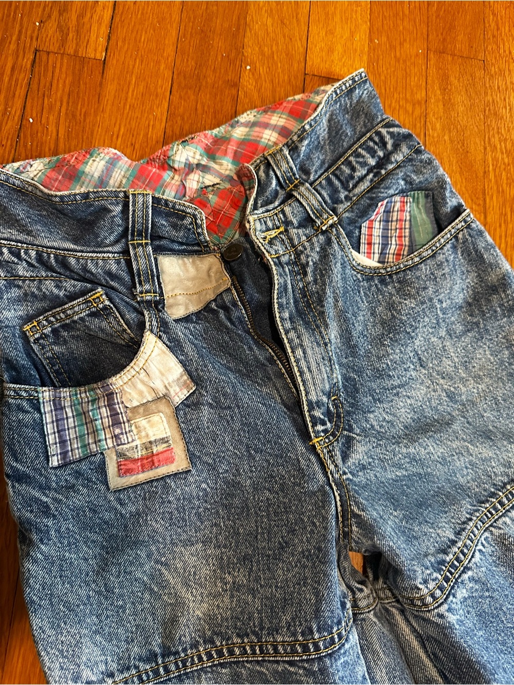 Vintage 80s Buzios No Problem Patchwork Acid Wash Jeans Plaid Fold Over Waist